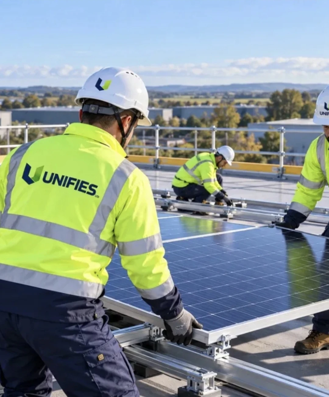 Unifies installers in branded hi-vis and hard hats fitting solar panels behind roof edge protection