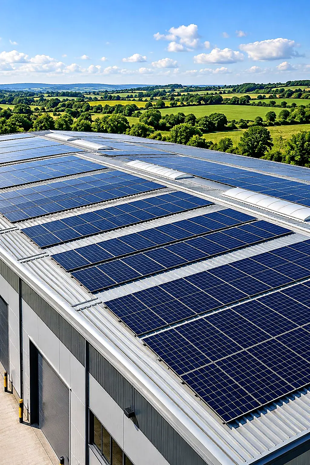 Rows of panels on an industrial roof
