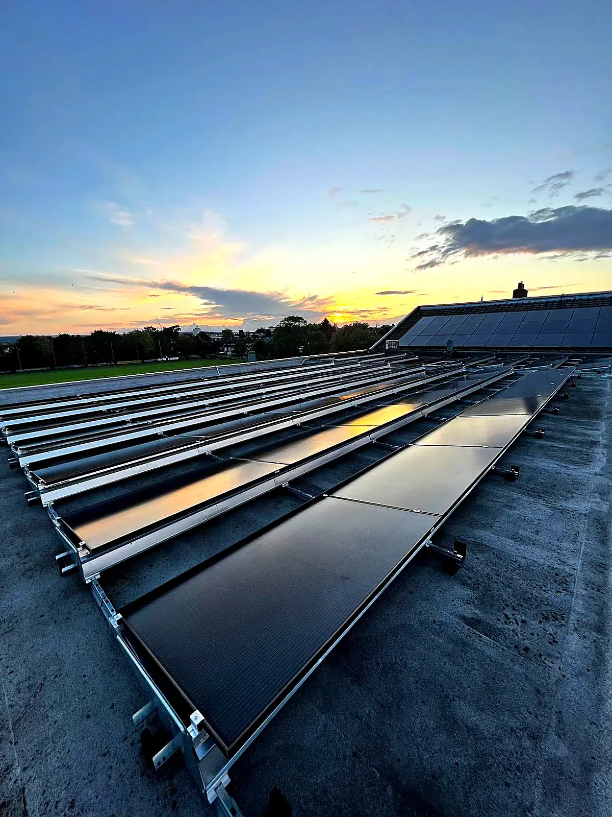Flat-roof array at sunset